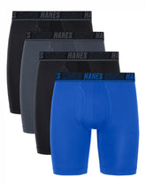 Hanes Moves Ultimate Men’s Anti-Chafe Long Leg Boxer Brief Underwear, Total Support Pouch, X-Temp, Black/Grey/Blue, 4-Pack, 8”