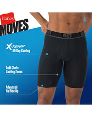 Hanes Moves Ultimate Men’s Anti-Chafe Long Leg Boxer Brief Underwear, Total Support Pouch, X-Temp, Black/Grey/Blue, 4-Pack, 8”
