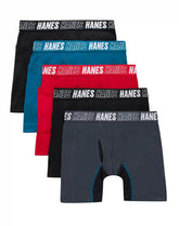 Hanes Moves Boys' Anti-Chafe Long Leg Boxer Brief Underwear, Black/Grey/Red/Ocean, 5-Pack