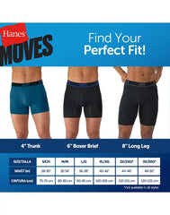 Hanes Moves Ultimate Men’s Anti-Chafe Long Leg Boxer Brief Underwear, Total Support Pouch, X-Temp, Black/Grey/Blue, 4-Pack, 8”