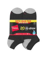 Hanes Men’s Cushioned No Show Socks Pack, 20 Pairs, Moisture Wicking