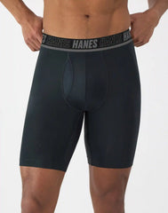 Hanes Moves Ultimate Men’s Anti-Chafe Long Leg Boxer Brief Underwear, Total Support Pouch, X-Temp, Black/Grey/Blue, 4-Pack, 8”