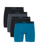 Hanes Moves Ultimate Men’s Anti-Chafe Boxer Brief Underwear, X-Temp, Black/Grey/Ocean Blue, 4-Pack, 6"