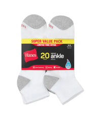 Hanes Men’s Cushioned Ankle Socks Pack, 20 Pairs, Moisture Wicking