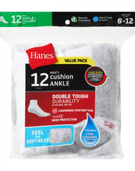 Hanes Double Tough Men's Ankle Socks, Shoe Sizes 6-12, 12-Pairs
