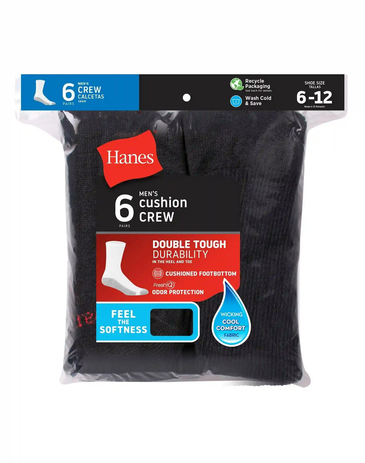 Hanes Double Tough Men's Cushion Crew Socks, Shoe Sizes 6-12, 6-Pairs