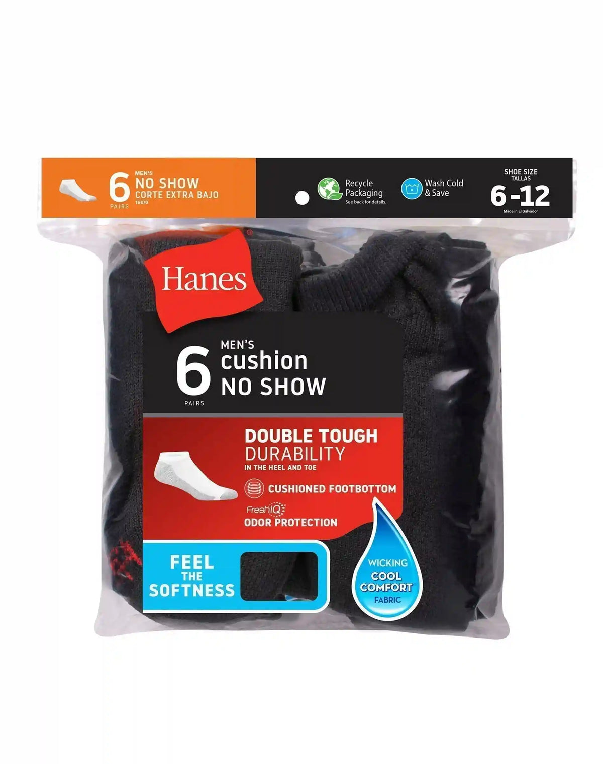Hanes Men's Cushion No Show Socks, 6-Pairs