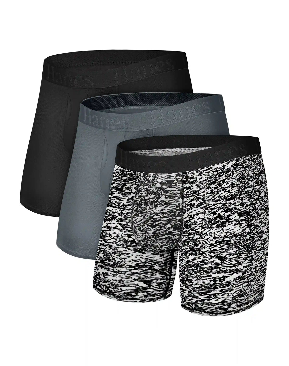 Hanes Originals Men's SuperSoft Boxer Brief Underwear, Viscose from Bamboo, Black/Grey/Print, 3-Pack