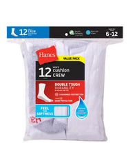 Hanes Double Tough Men's Crew Socks, Shoe Sizes 6-12, 12-Pairs
