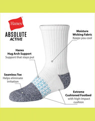 Hanes Absolute Active Boys' Crew Socks Pack, 6-Pack, Moisture-Wicking Athletic Cushioned Sports Socks