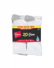 Hanes Men’s Cushioned Crew Socks Pack, 20 Pairs, Lightweight, Moisture Wicking
